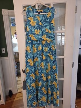 Lands' End Tropical Blue & Yellow Floral Maxi Dress - Size M